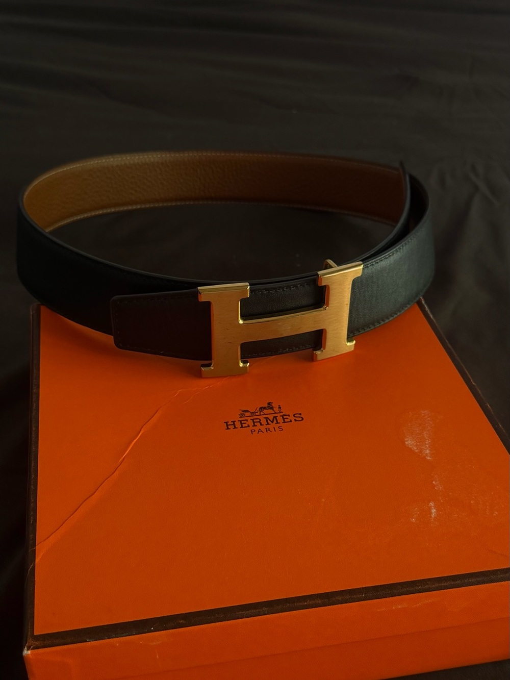 Hermes Black and Brown Reversible Leather Belt with Gold H Buckle